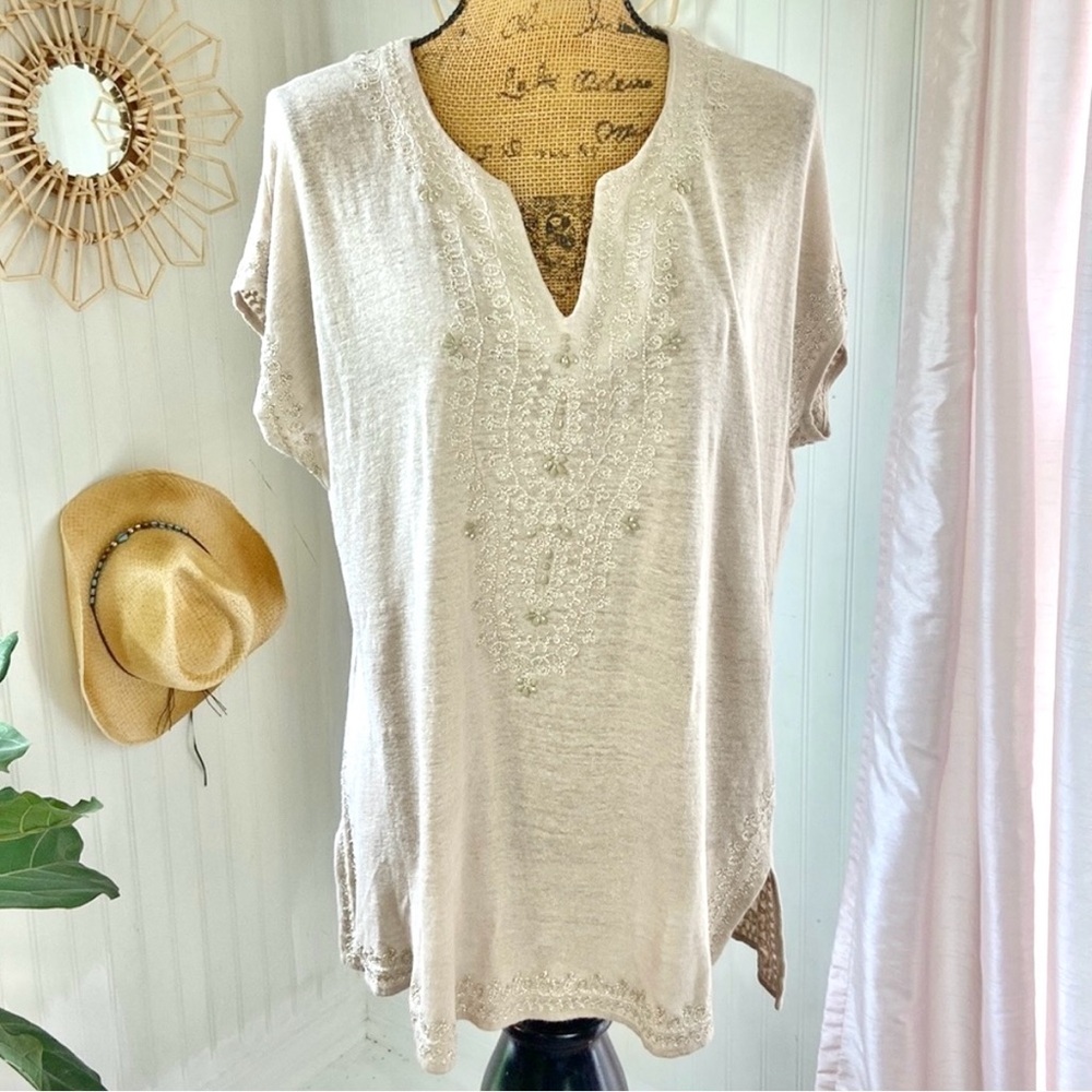 J Jill Love Linen Beaded Embroidered Top Sz M